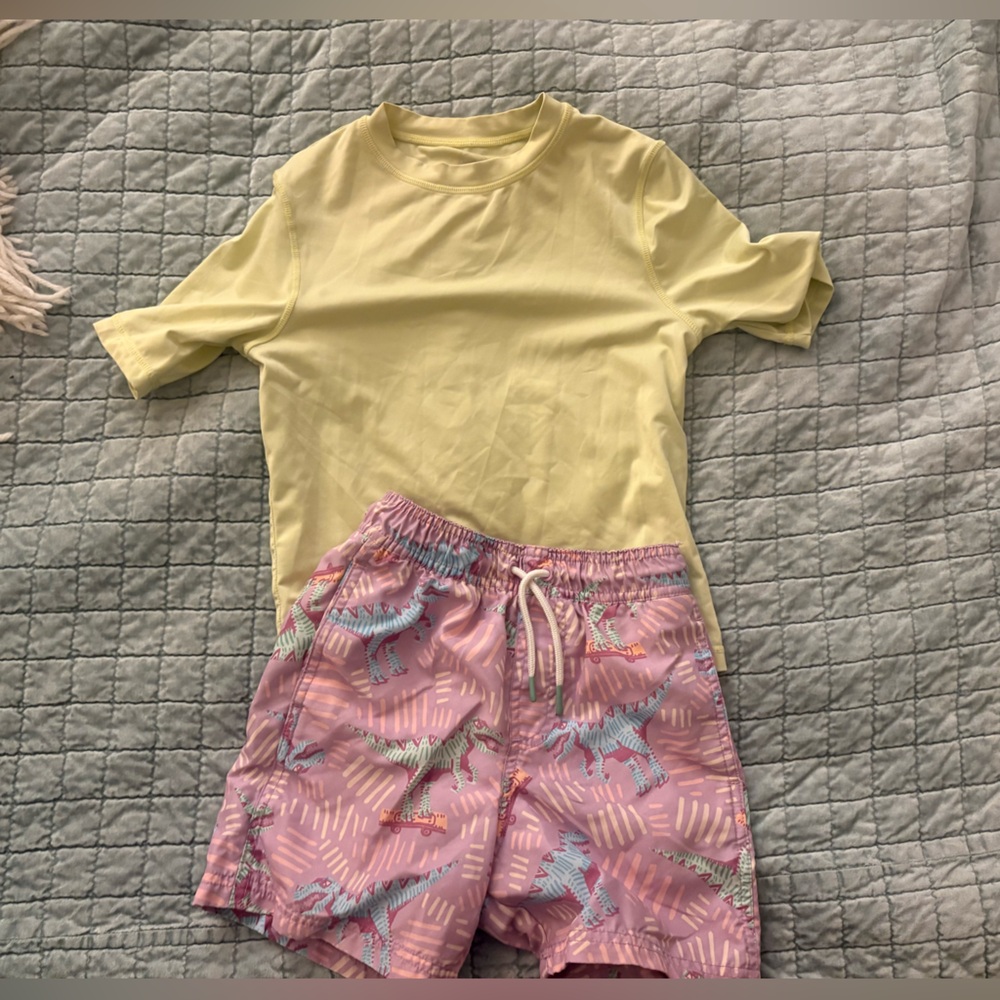 Boy’s Yellow Short Sleeve Top with Pink Patterned Swim Shorts
